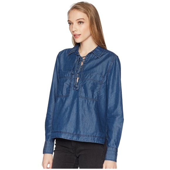Denim Chambray Lace Up Top - Picture 1 of 6
